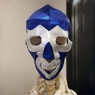 A skeleton with a blue wrestling mask on.